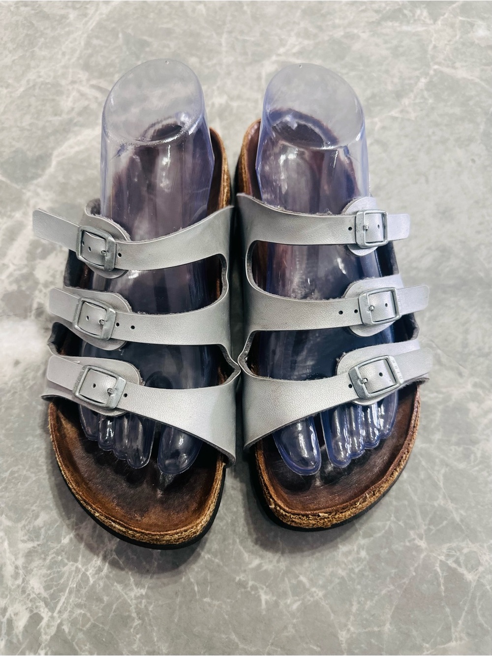 Birkenstock Florida Sandals Womens 39 (8-8.5) Triple Straps Slide Silver Leather